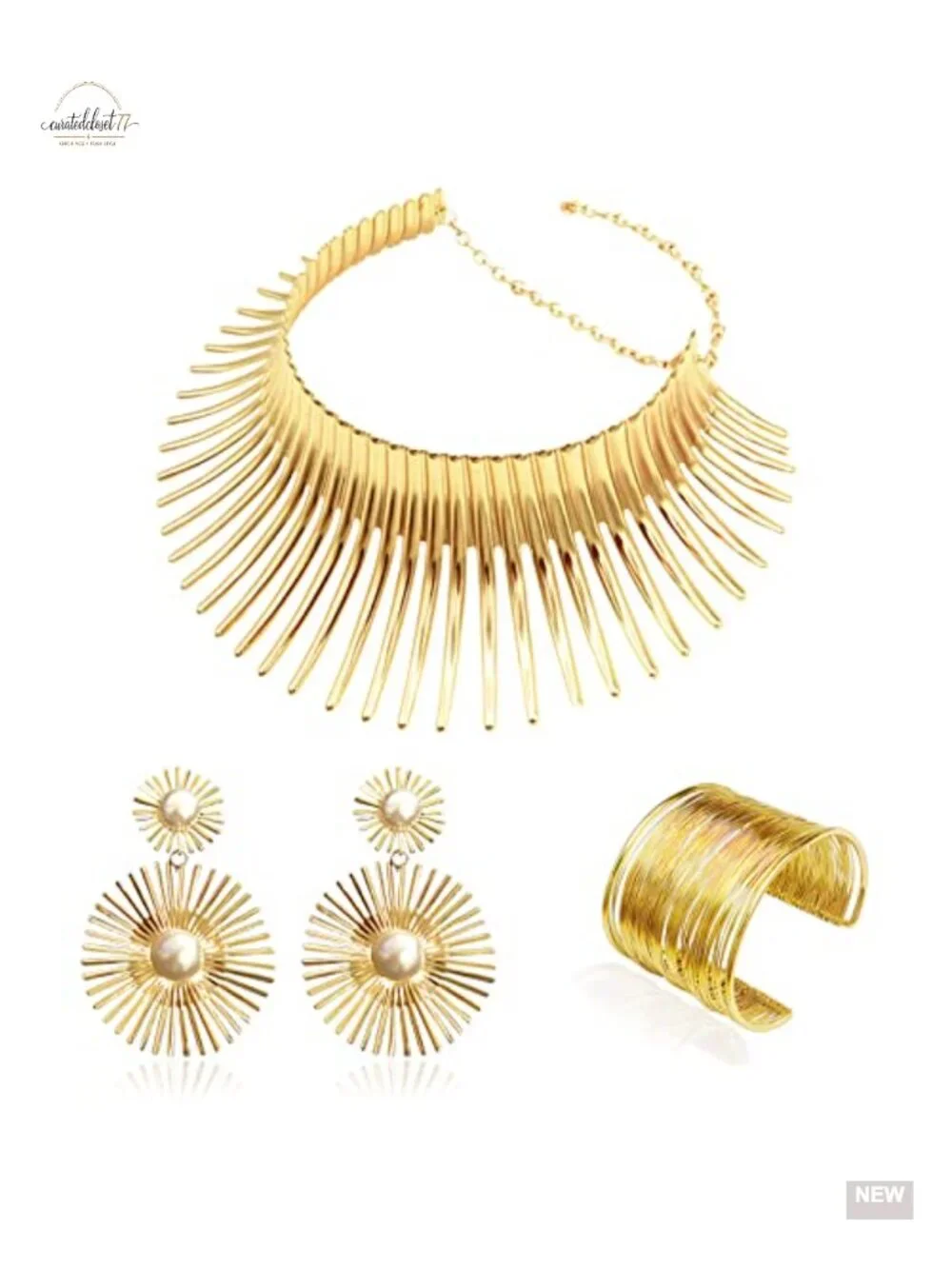 Gold Plated Bib Choker Necklace Cuff Bracelet Geometric Earrings Set Punk
